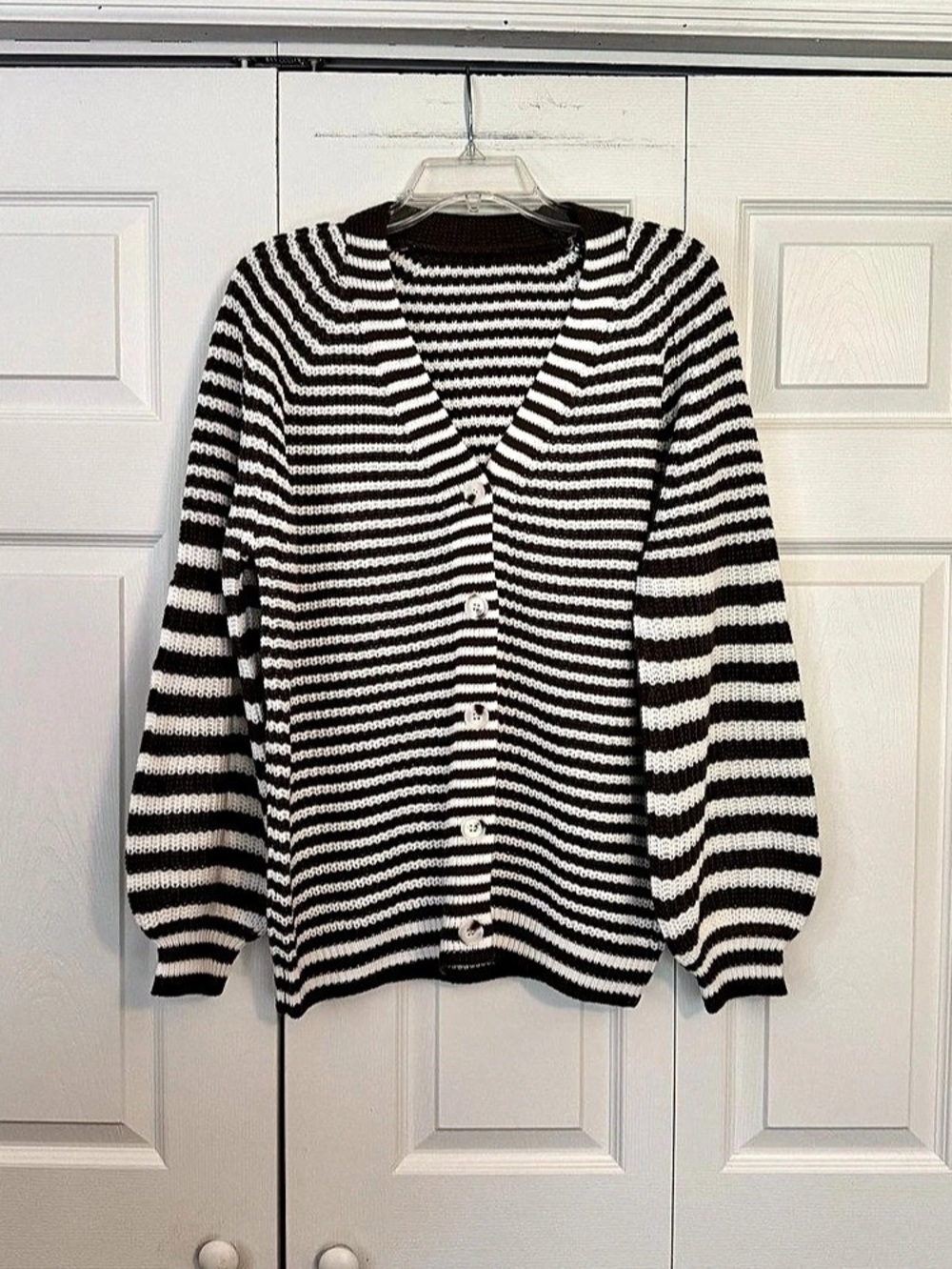 Striped Acrylic Oversized Cardigan in Olive Green & White Size Large